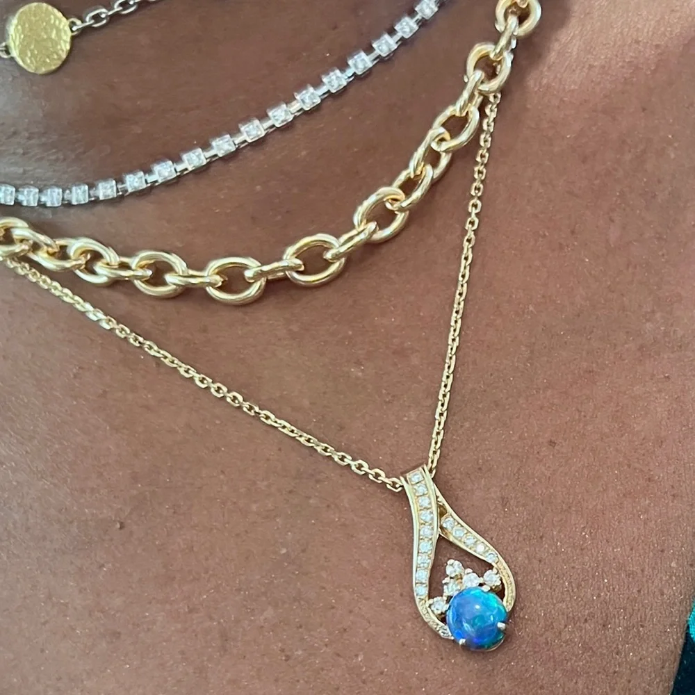 🎇 Black Opal & Diamond 14K Gold Pendant 💚🩵 - Picture 12 of 16